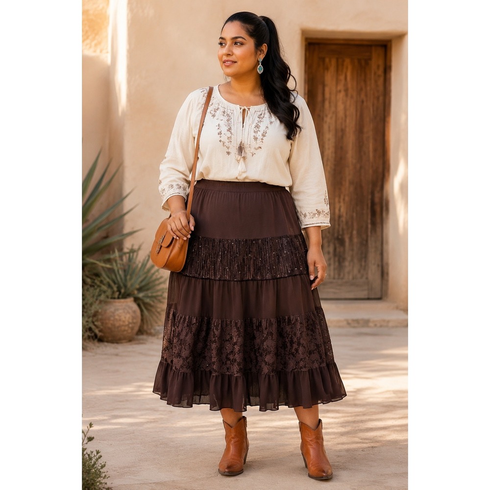 Boho Chic Festival Western Y2K Brown Tier Velvet LaceSequin L Petite Maxi Skirt